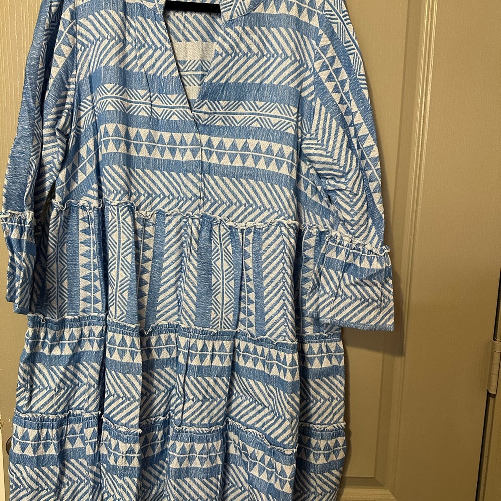 Blue and White Geometric Pattern Dress Jaquard Ruffle Vacation Cotton Casual
